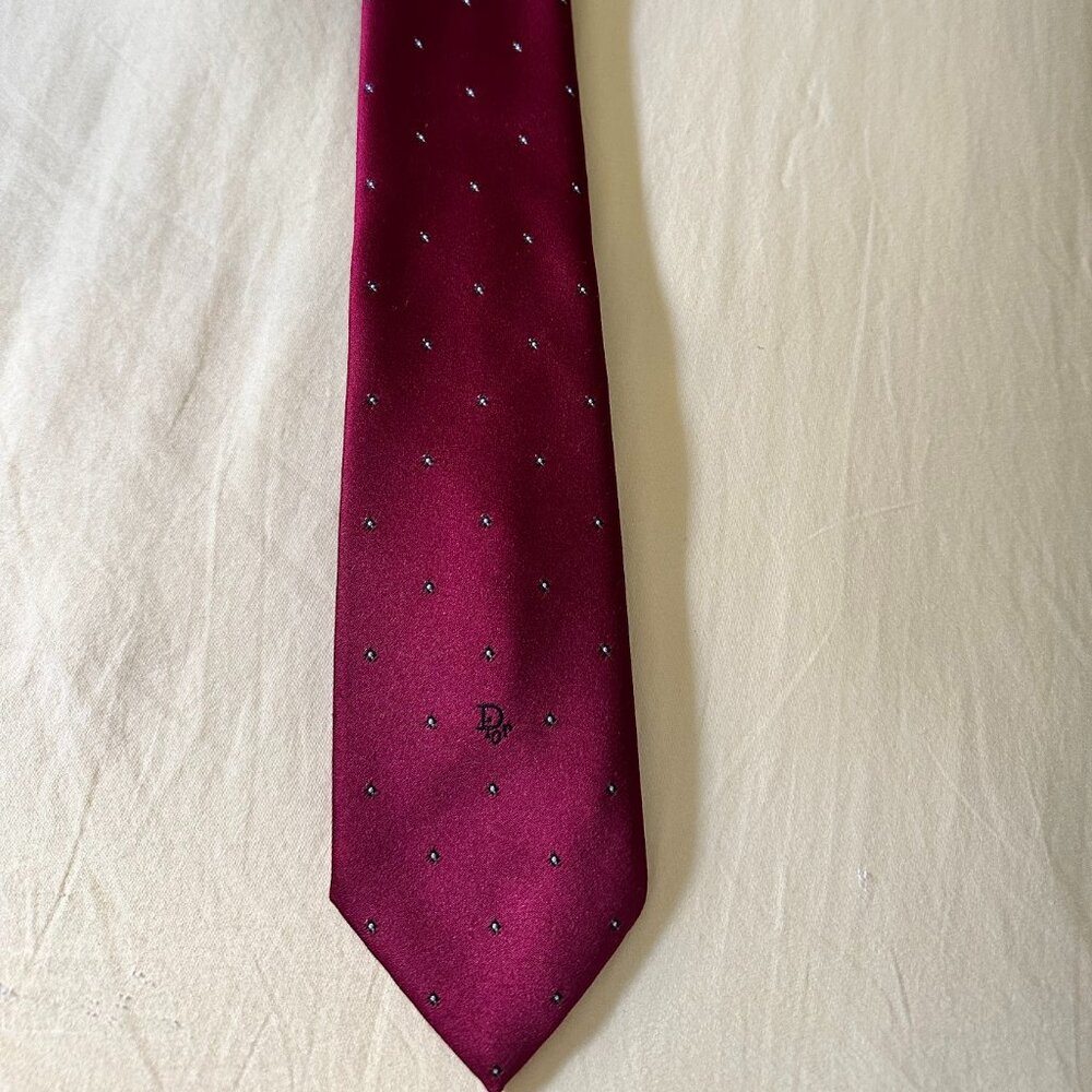 Vintage Christian Dior Men Neck Tie Burgandy w dots  3 X 56 Poli Silk